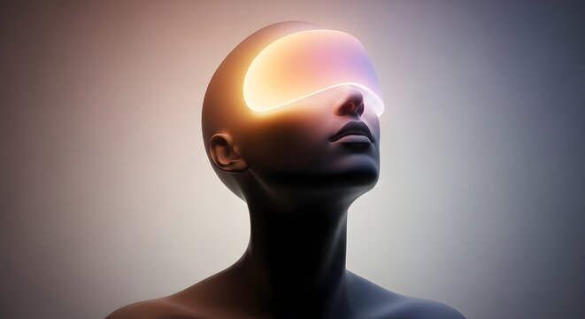 Futuristic human profile with a glowing visor over the eyes. Virtual reality and advanced technology concept. Minimalist bust of a person looking up with internal light illumination