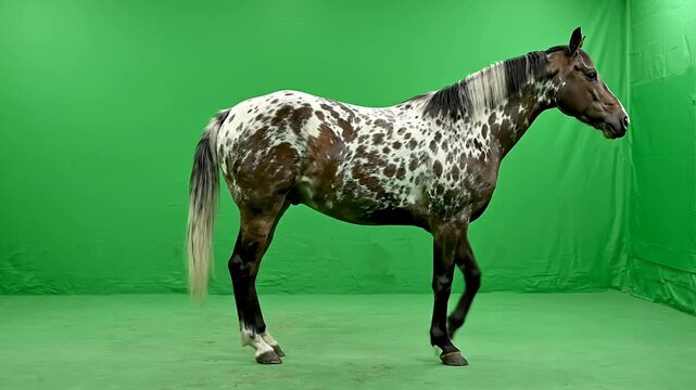 Majestic Appaloosa Horse Walking Gracefully On Green Screen Background For VFX And Motion Graphics