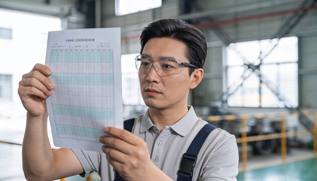 Inspecting tech holding data sheet checking table rows at plant wearing overalls and safety glasses