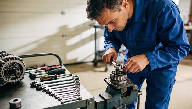 Working mechanic in blue coveralls tightening bearing in bench vise using socket wrench at garage