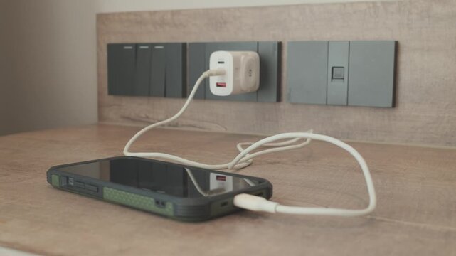 The mobile phone in charging on the table.