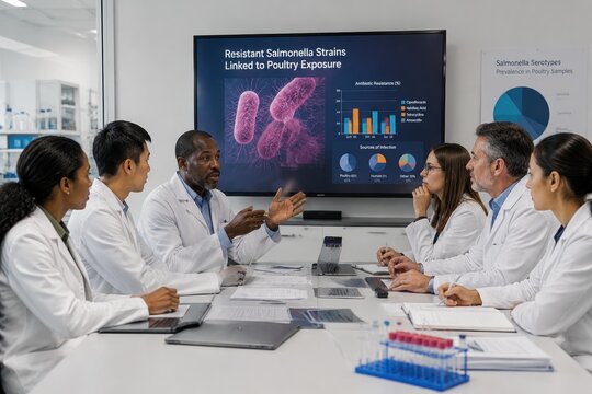 Diverse medical experts discuss salmonella research findings on a screen. The atmosphere is professional, focusing on public health. Ideal for medical journals or health news articles.