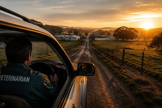 Veterinarian drives toward farm along rural road. Morning light highlights urgent salmonella outbreak response. Use for agricultural health or veterinary service news.