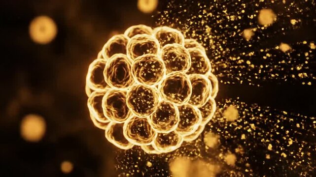 abstract glowing microscopic cellular cluster emitting particles, representing cell division, growth or disease, golden orange light on black background
