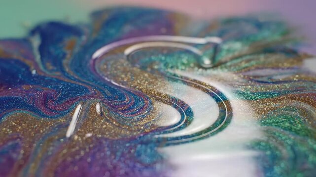 Mesmerizing swirl of liquid metallic paint with shimmering gold and iridescent blue, green, and purple pigments creates a cosmic and ethereal fluid art