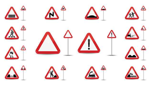 A set of vector road signs and traffic icons featuring yellow warning triangles and hazard symbols for street safety and car direction design on a white background