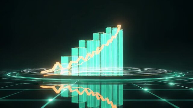 Glowing teal financial growth chart with golden rising arrow, digital grid platform and market analytics display in dark technology scene