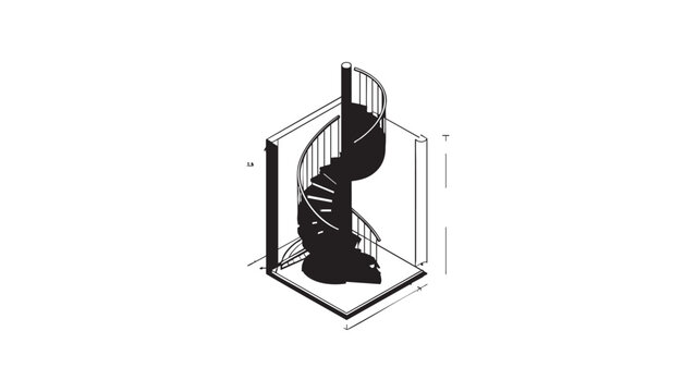 Isometric wireframe drawing of a spiral staircase with measurements against transparent background.
