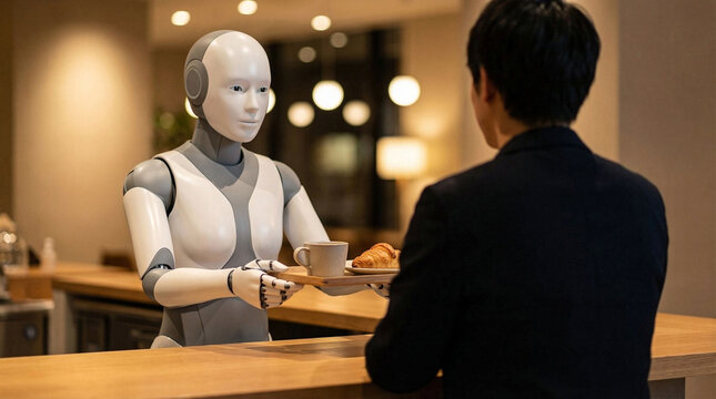 Humanoid robot holding wooden tray with coffee cup and croissant for customer.