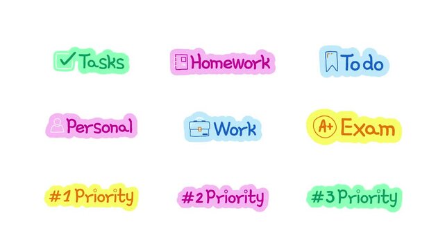 Task and priority doodle stickers animation pack. Work and study organizing. Digital everyday planner. Hand drawn color icons in stop motion. Animated journal elements collection on transparent