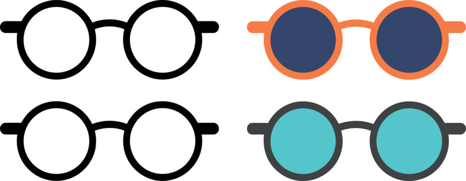 Set of round glasses and sunglasses vector icons in black outline orange and blue styles for fashion and vision