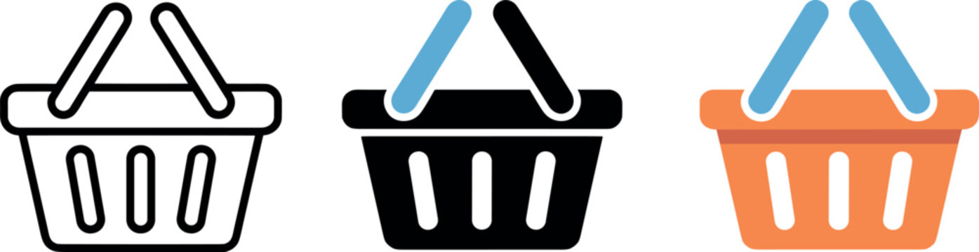 Set of shopping basket vector icons in outline black and colorful orange styles for retail ecommerce and grocery business