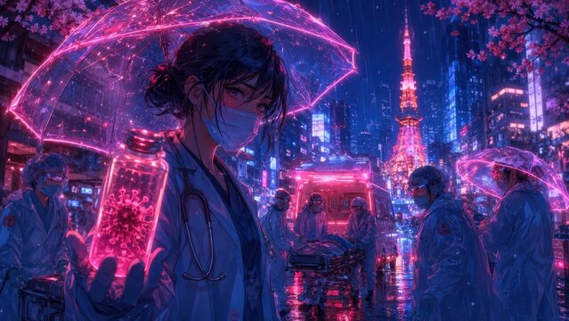 Futuristic medical team responds to a virus outbreak in a neon city during a rainy night emergency