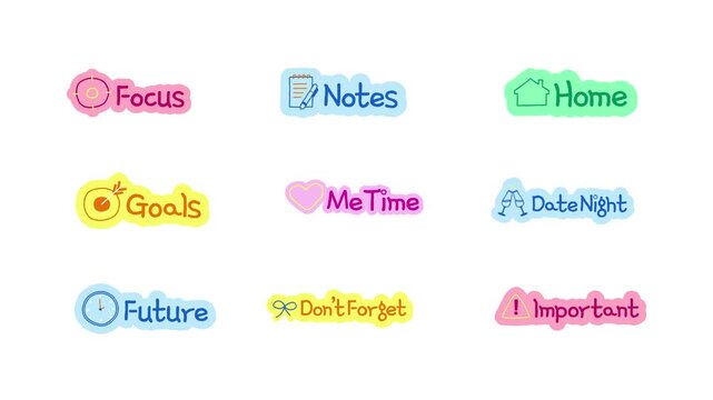 Lifestyle doodle stickers animation pack. Notes and goals reminder. Digital everyday planner. Hand drawn color icons in stop motion. Animated journal elements collection on transparent background