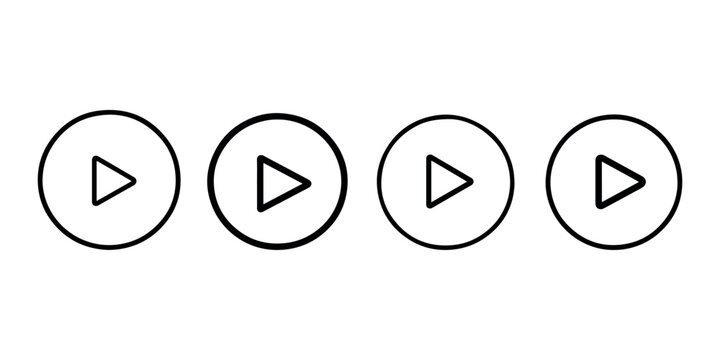 Four circular play button icons, indicating media playback, start function, or audio visual control, clean minimalist vector set on white background.