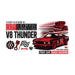 Fototapeta premium Classic muscle car with racing graphics and engine illustration