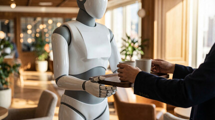 Naklejka premium Robot waiter holding wooden tray with ceramic cups near person in office.