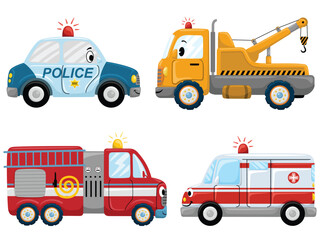 Cute cartoon emergency vehicles police fire ambulance and tow truck © Bhonard21