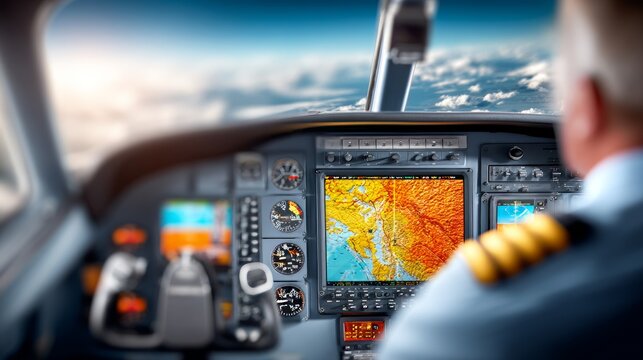 Pilot navigating aircraft cockpit with advanced digital flight control screen