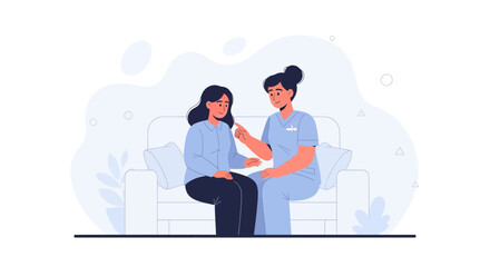 Fototapeta premium Nurse comforting patient on couch, healthcare consultation support graphic