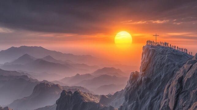 Silhouette of people standing on mountain cliff with cross at sunset