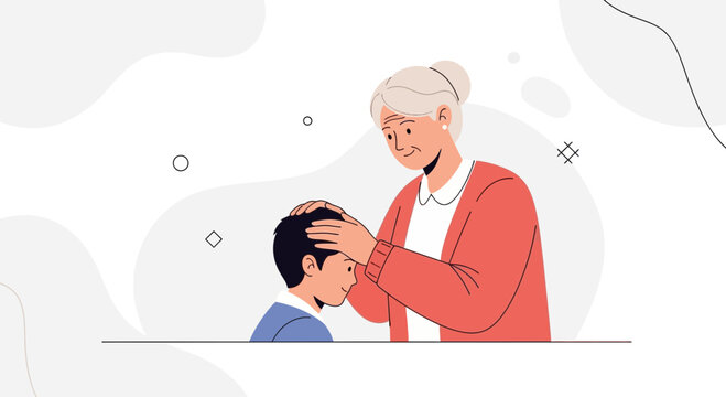 Grandmother comforting grandson, nurturing care, family love, emotional support, illustration