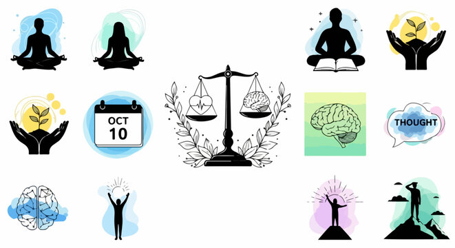 Minimalist meditation and wellness icons with brain, balance, and energy symbols in flat vector style. Meditation concept includes yoga poses, chakra, and mental clarity illustrations.