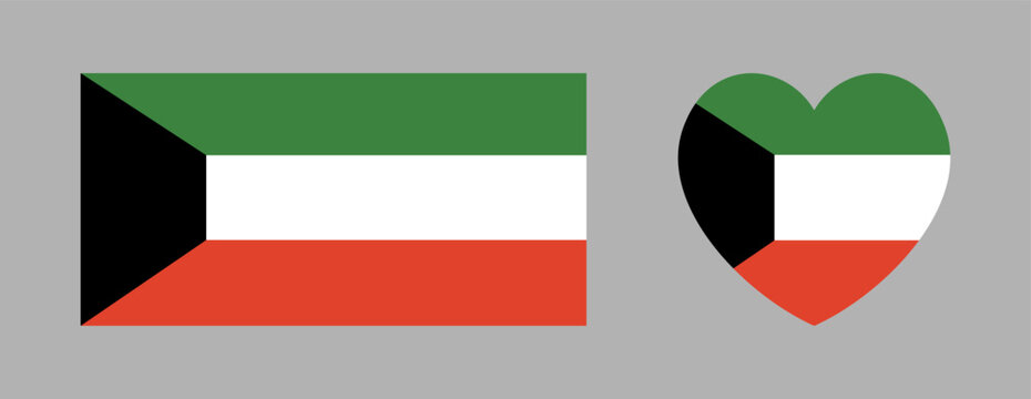 Kuwait flag icon, sticker set. Kuwait rectangle, heart flag button, badge. Heart, rectangular flag of Kuwait banner, background.