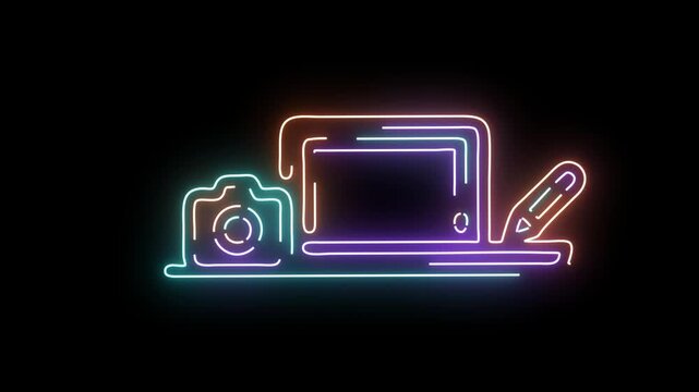 Neon creative tools animation: laptop, camera, and stylus pen for digital and
