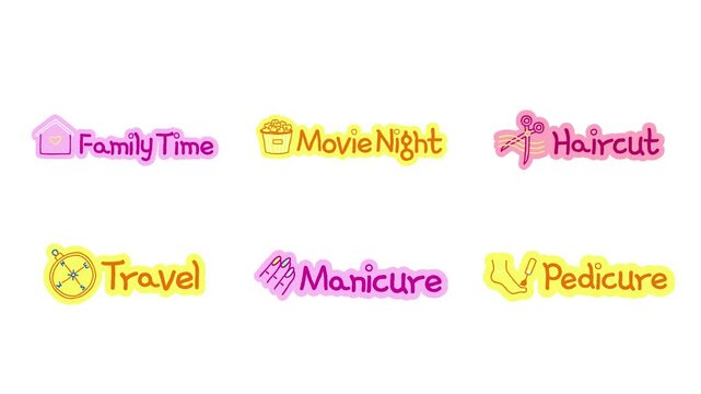 Self care and leisure activities doodle stickers animation pack. Digital everyday planner. Hand drawn color icons in stop motion. Animated journal elements collection on transparent background