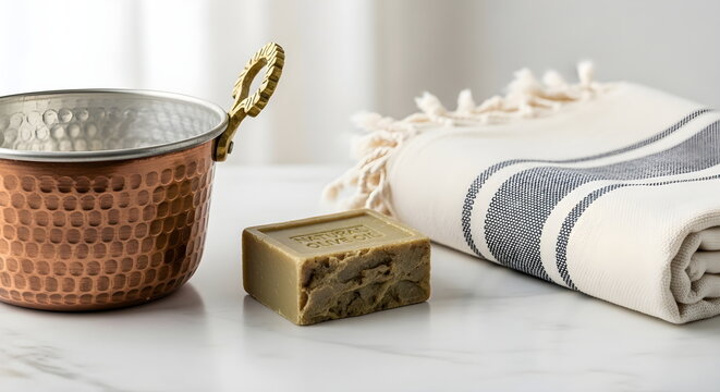 Turkish Hamam Bath Accessories with Copper Bowl and Peshtemal Towel