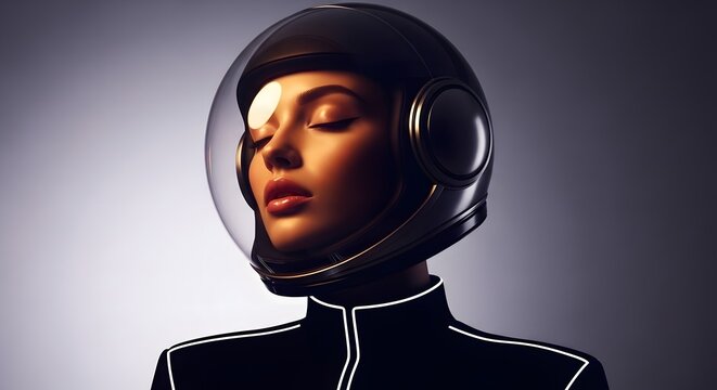 Futuristic woman in a glossy black astronaut helmet. Space exploration and advanced technology concept. Female pilot wearing high-tech suit with glowing lines and glass visor