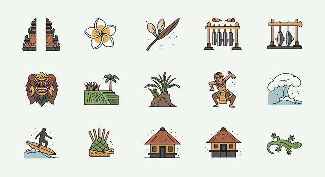 Set of Bali Indonesia Travel Icons and Cultural Symbols