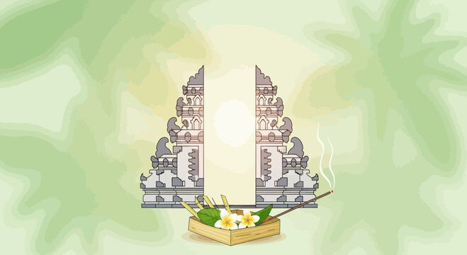 Balinese Temple Gate with Traditional Canang Sari Offering