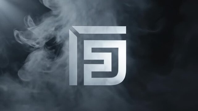 Dynamic silver monogram emblem featuring interwoven geometric shapes, shrouded in atmospheric wisps of billowing vaporous mist against a deep, shadowy backdrop, conveying a sense of mystery