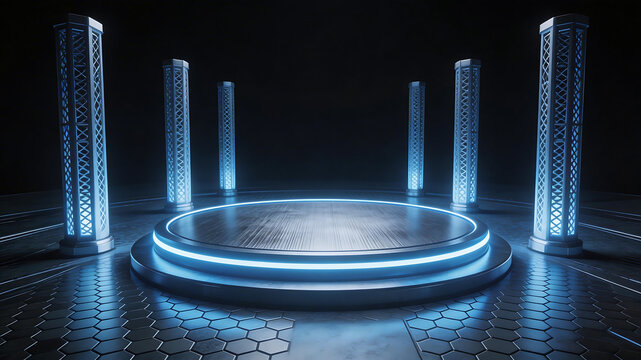 Futuristic stage with glowing columns ideal for sleek commercial backgrounds and title sequences