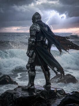 The Eternal Sentinel: A Battle-Worn Knight Confronting the Raging Storm and Rising Tides of a Forsaken Coastline Under a Lightning-Scarred Sky