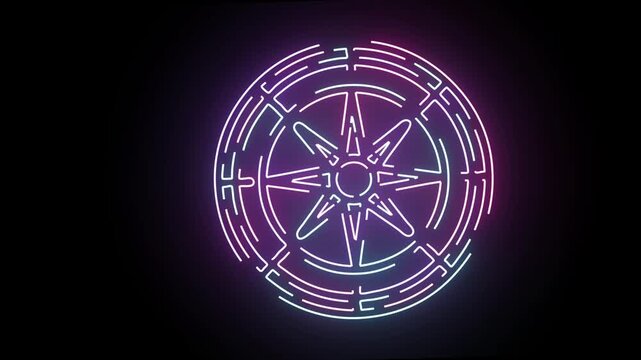 Neon glowing compass rose abstract motion background, with pulsing cyberpunk, light lines navigation