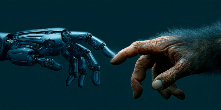 The robot's hand and monkey hand, evolution from primates concept. Banner