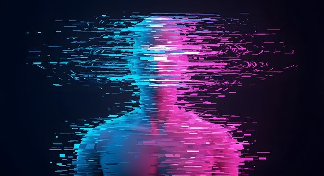 Glitch effect digital silhouette of a human body. Data corruption and virtual reality concept. Person figure breaking apart into blue and pink pixels and horizontal lines on black background