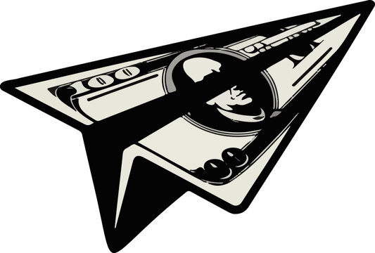 Black silhouette sticker of a paper airplane made from a 100 dollar bill, symbolizing financial success and travel, isolated on transparent background.