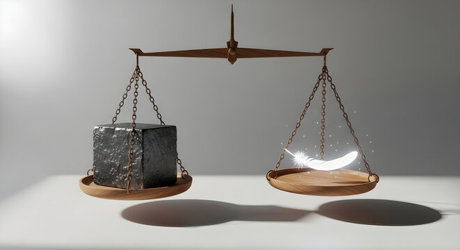 Scales of justice balancing a heavy stone cube and a glowing white feather
