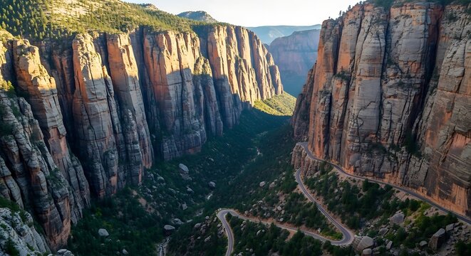 Towering Sandstone Cliffs Rising Above Winding Road in Sunlit Canyon Valley