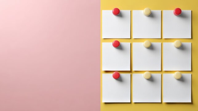 Blank sticky notes with pins on yellow surface