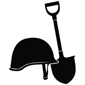 Military helmet and shovel vector silhouette illustration of tools for soldier line art.