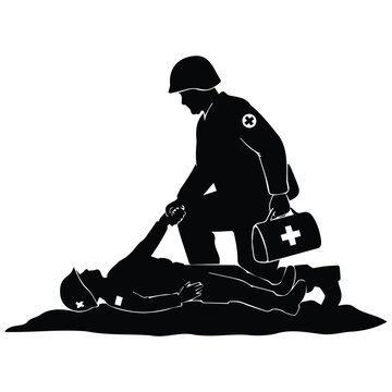 Military medic helping wounded soldier silhouette vector illustration battlefield aid scene.