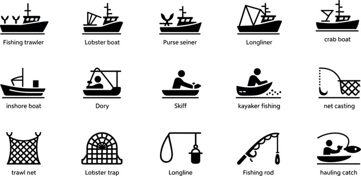 Large collection of commercial fishing boat icons featuring trawler lobster boat purse seiner longliner crab boat and fishing gear symbols