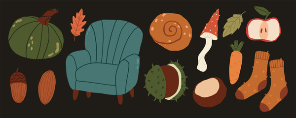 Fototapeta premium Autumn cozy home vector set on dark background with comfortable armchair, pumpkins, chestnuts, mushrooms and warm socks for hygge lifestyle design