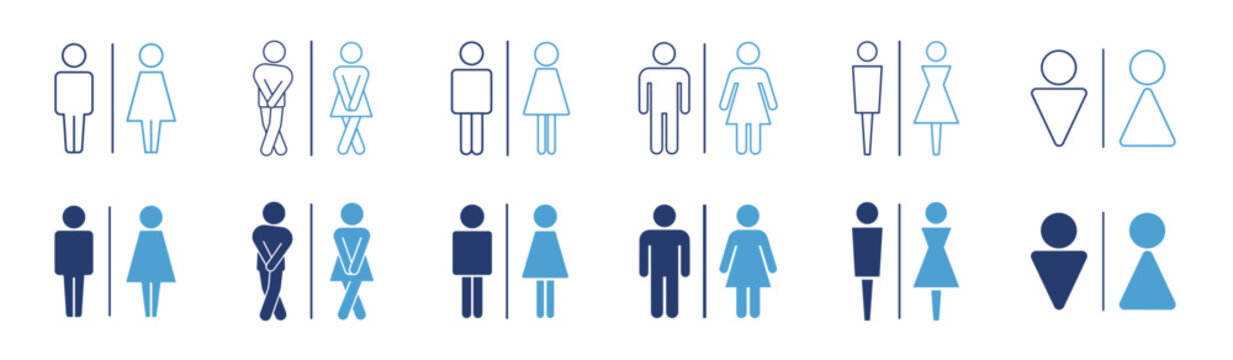 Blue toilet restroom icon set with family pregnancy and accessible bathroom signs
