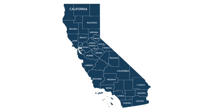California Map with County Borders - Dark Blue Outline on White Background